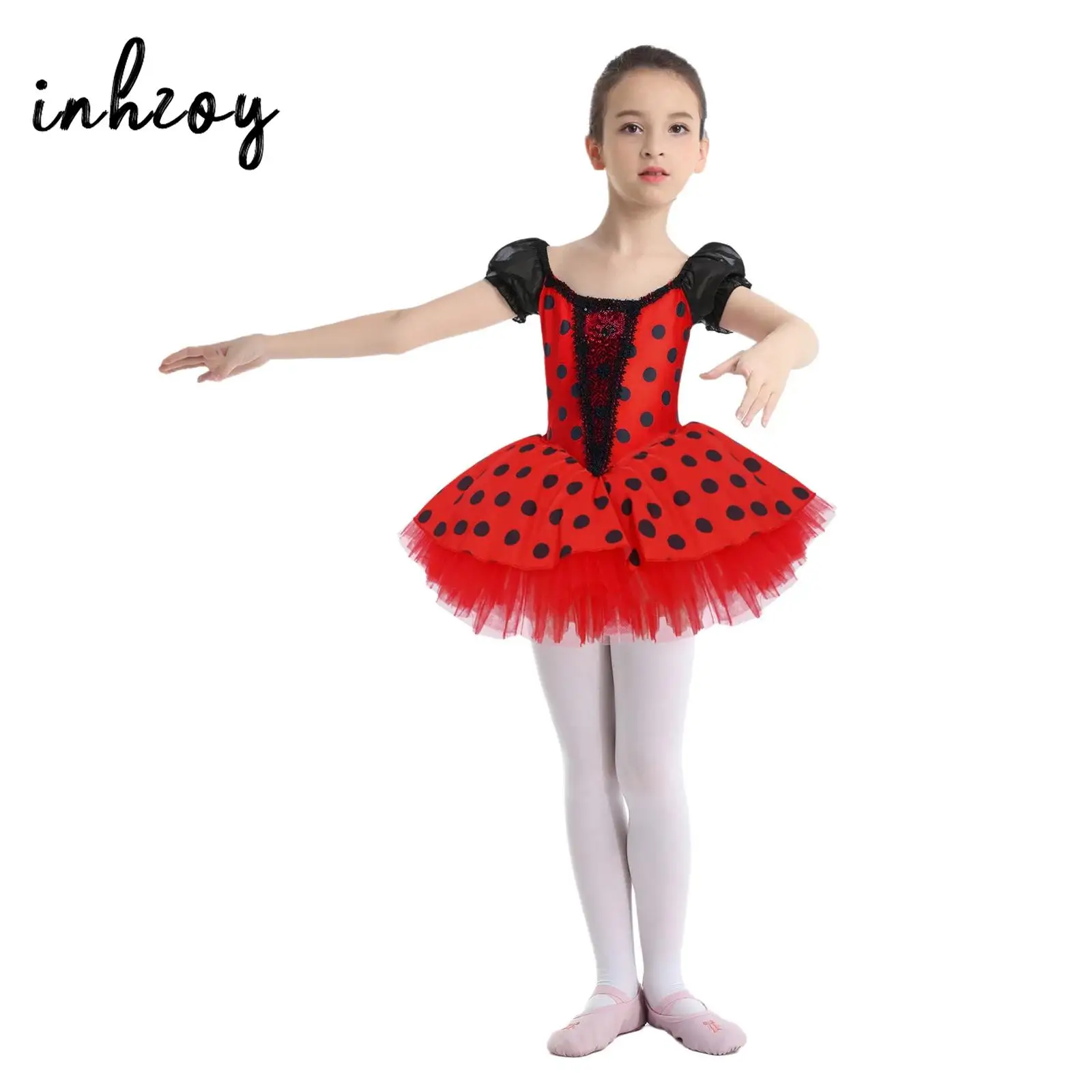 

Children Girls One Piece Ballet Performance Costume Short Puff Sleeve Shiny Sequins Color Block Patchwork Dots Tutu Dance Dress