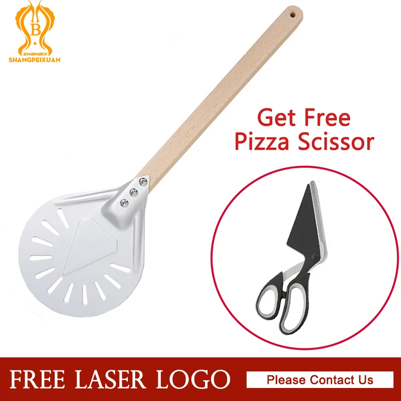 SHANGPEIXUAN 7/ 8/ 9 Inch Perforated Pizza Turning Peel Pizza Shovel Aluminum Pizza Peel Wood Handle with Free Pizza Scissors