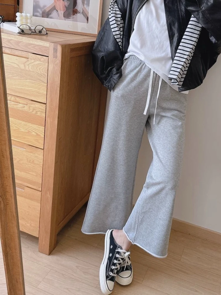 Womens Solid Color Cuffed Straight Sweatpants Drawstring Waist Petite Casual Trousers