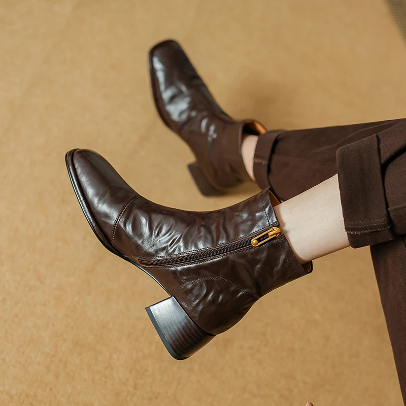 2024 New Winter Round Toe Women Boots Chunky Heel Women Shoes Retro Western Boots Ankle Boots Genuine Leather Chelsea Shoes