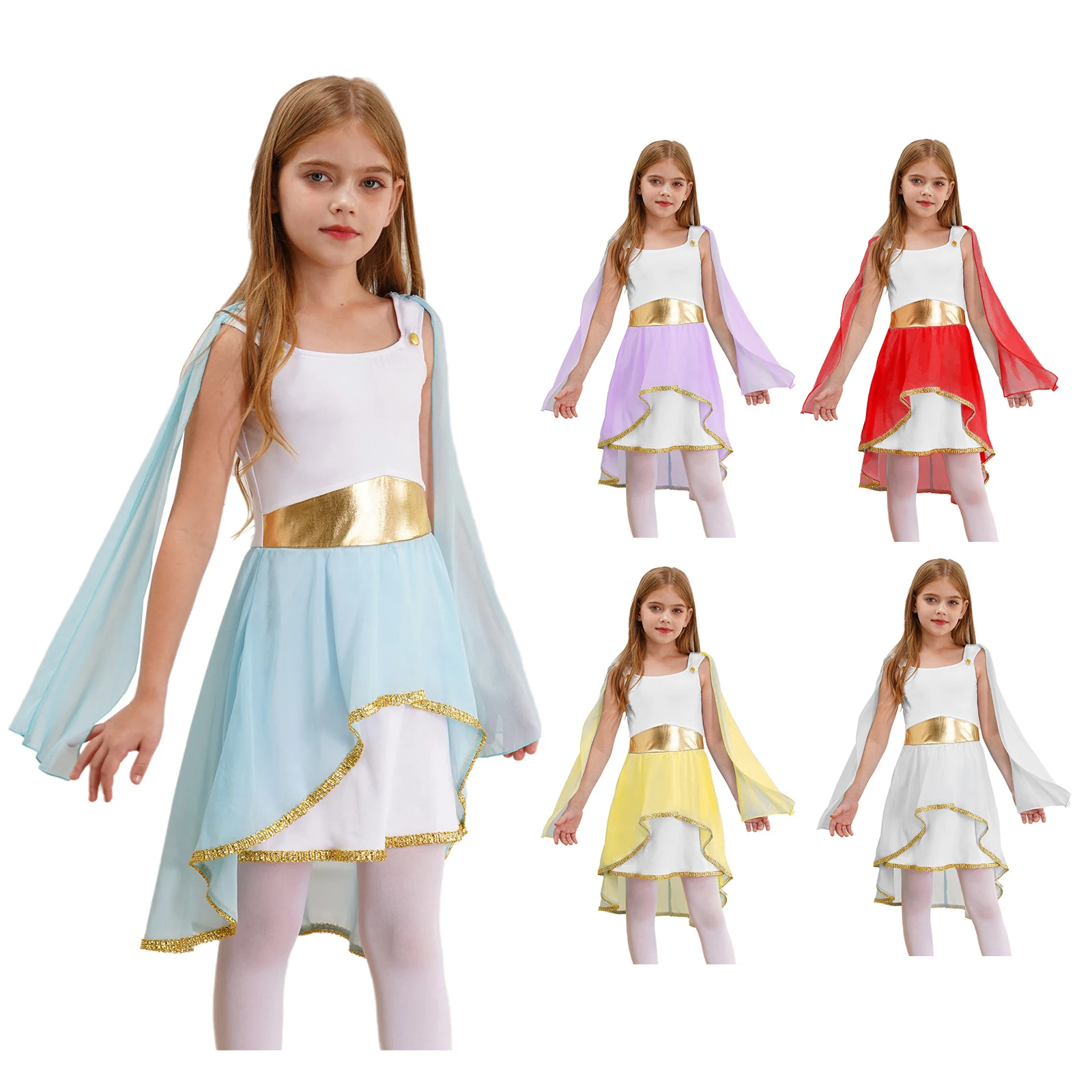 Girls Roman Toga Costume Ancient Greek Princess Irregular High Low Dresses Halloween Grecian Rome Nobility Cosplay Dress Up