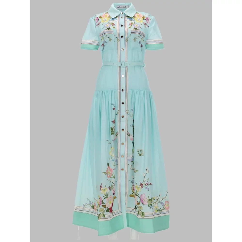 Vintage Blumenmuster Damen-Hemdblusenkleid Eleganter Umlegekragen Kurzarm Hohe Taille Langes Kleid Strandkleidung für Urlaub