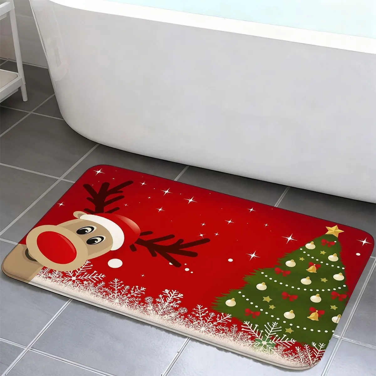 1pc 2D Flat Christmas Rug, Red Nose Reindeer and Christmas Tree Print, Machine Washable, Soft, for Entryway, Living Room