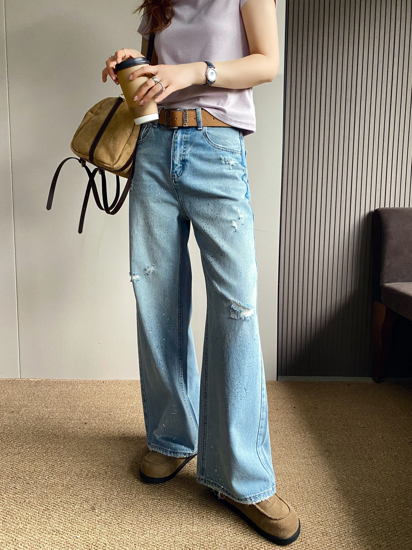 

Женские джинсы с высокой талией и широкими штанинами, весна 2026, новинка, свободный крой, стройнящие, длиной в пол, прямые, с рваными элементами