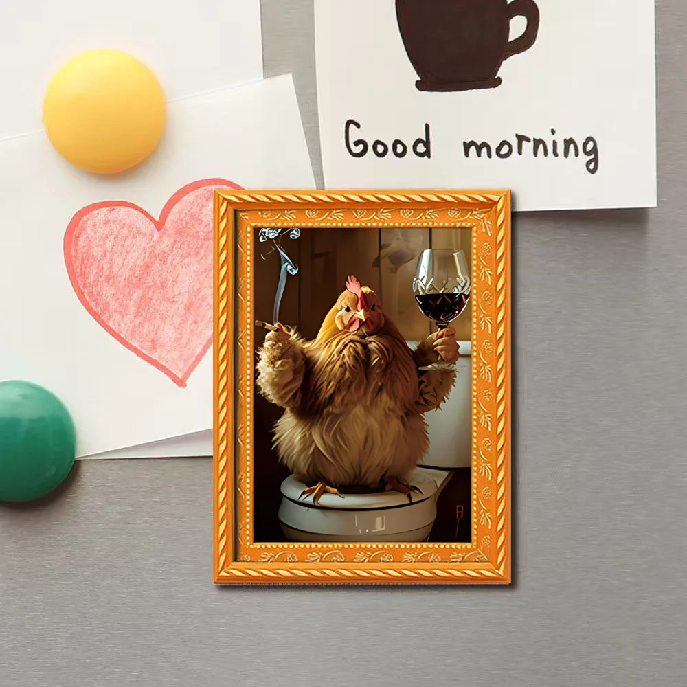 1 Piece of a Quirky Fridge Magnet Featuring a Little Chicken Drinking Red Wine, Mini Photo Frame Design, Small Creative Frame Hanging Picture, Wooden Craft, Fun Home Decoration, a Must-Have Novelty Fridge Magnet, Interesting Home Decor Prop, Holiday Gift