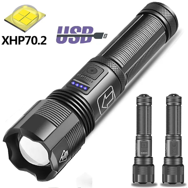 Usb Rechargeable Xhp70 Led Flashlight High Lumens Super Bright Zoomable Tactical Handheld Light for Camping with 18650 Battery