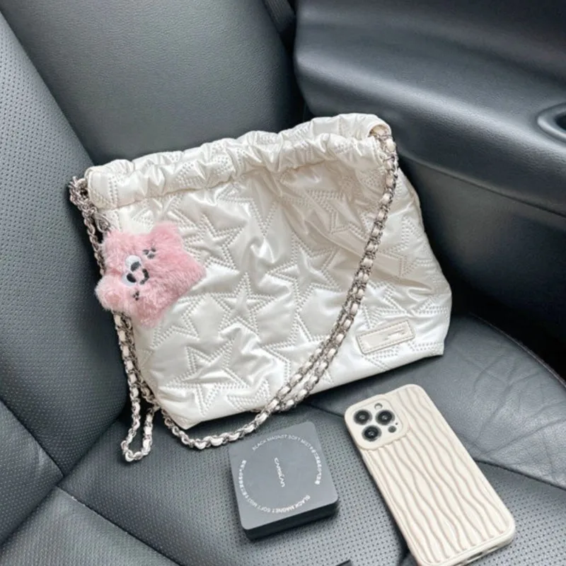 

Sweet Cute White Star Bucket Bag Women Stitching Leather Large Capacity Shoulder Bag Ladies Fashion Chain Y2k Crossbody Bag 2025
