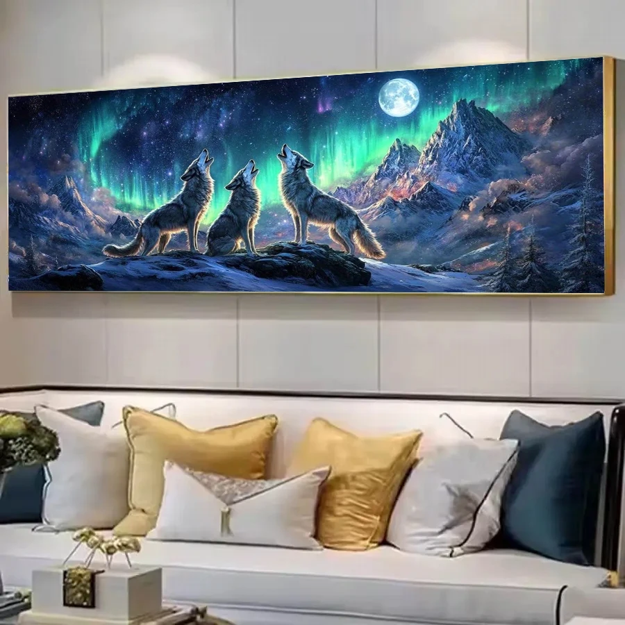 DIY Diamond Painting Aurora Howling Wolf Moon Landscape Art Full 5D Diamond Mosaic Embroidery Kit Large Set Pattern Home Decor