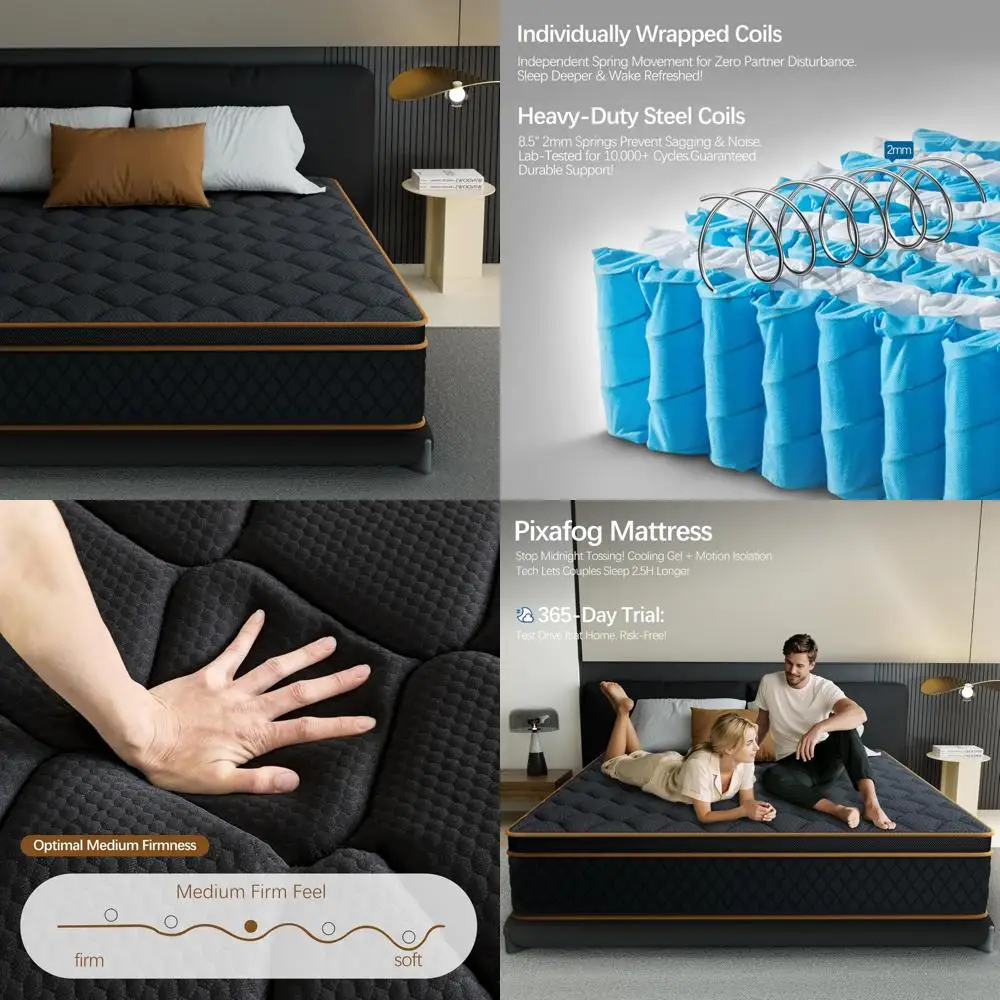 Hybrid 12 Inch Firm Mattress with Pocketed Coils and Cooling Gel Foam for Orthopedic Back Support and Pain Relief