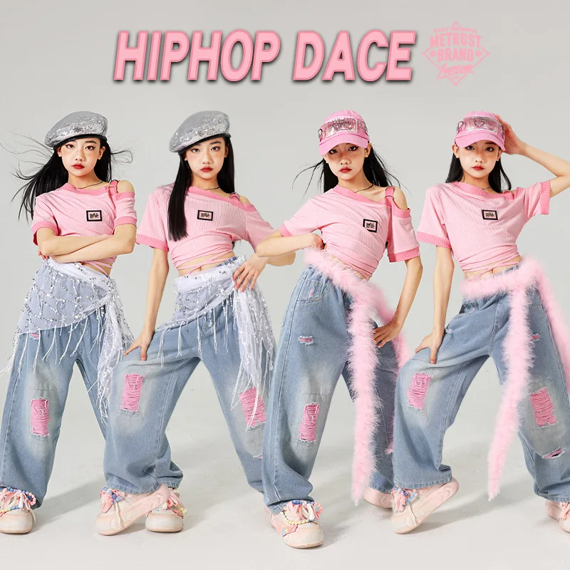 여자 k-pop 달콤한 자르기 탑 핑크 청바지 힙합 의류 세트 어린이 재즈 찢어진 데님 바지 어린이 streetwear 거리 댄스 의상