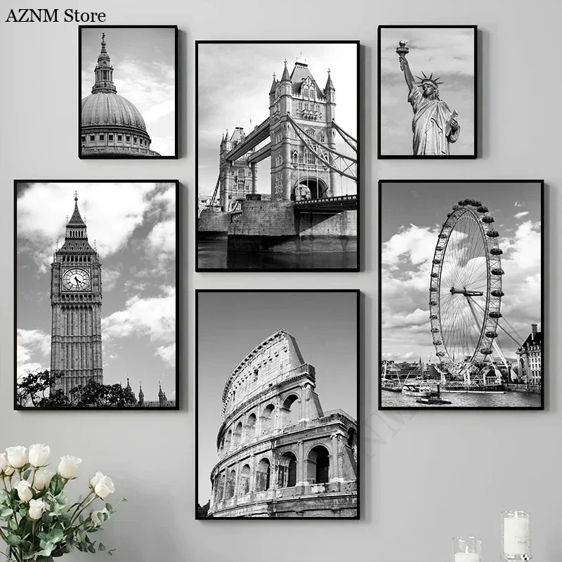 Schwarz-Weiß Poster der London Tower Bridge, Rom, New York, Leinwanddruck, Wandkunst für Wohnzimmer und Heimdekoration