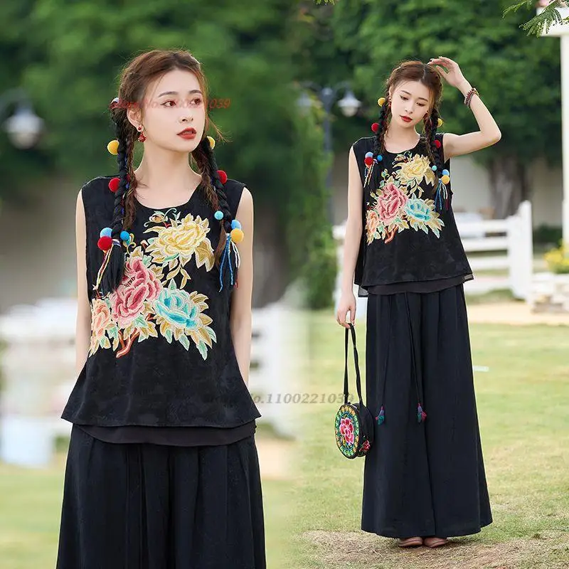 

2024 traditional chinese retro vest national flower embroidery waistcoat elegant double layers chiffon vest feminino streetwear