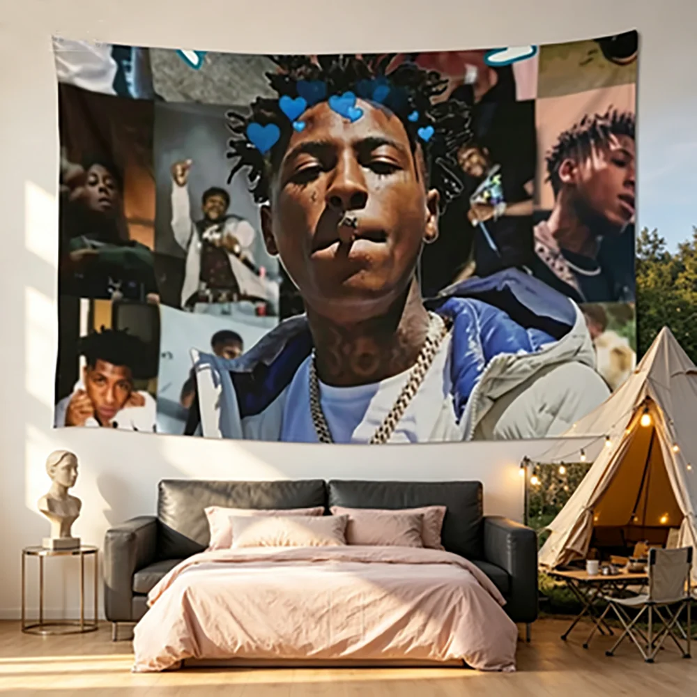 1pc YoungBoy Rapper Collage Tapestry Polyester 2D Flat Wall Hanging Hip-Hop Fan Bedroom Decor Trendy Streetwear Vibe