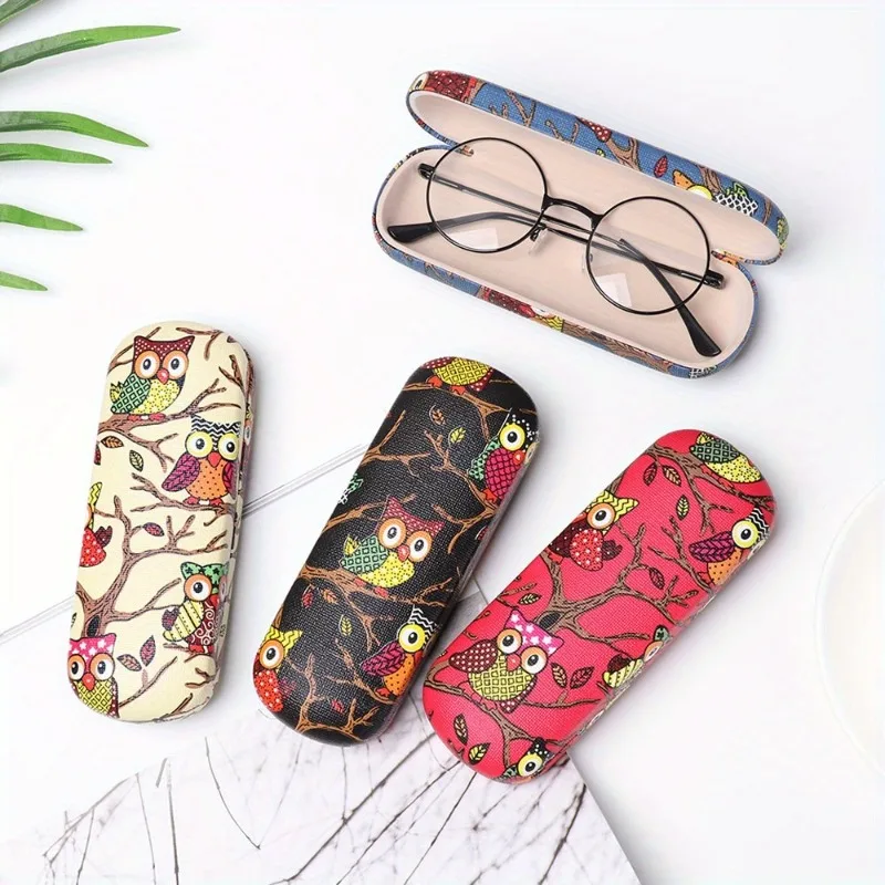 1pc feminino óculos caso dos desenhos animados bonito coruja animal óculos de sol protetor de armazenamento portátil couro duro caixa de óculos de leitura