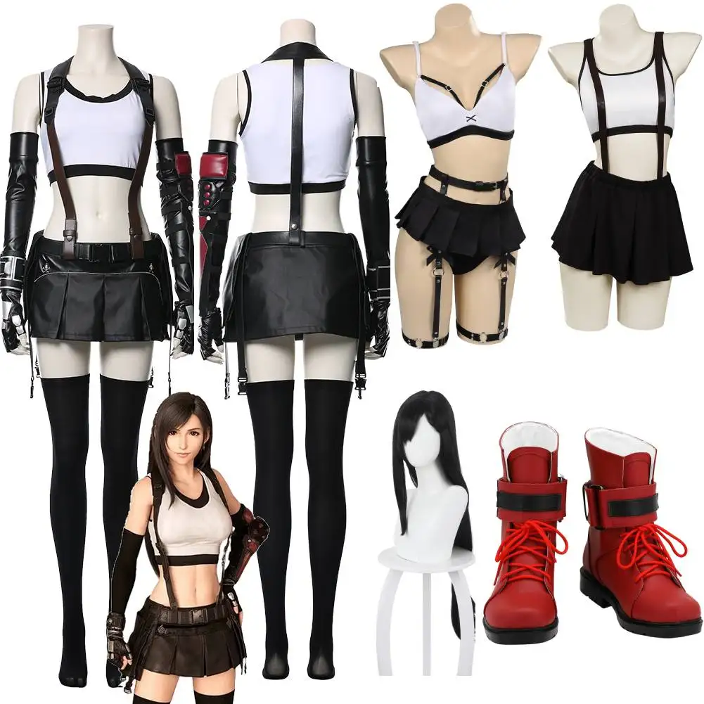 Final VII Tifa Lockhart Cosplay Shoes Fantasy Wigs Anime Game Costume Disguise Adult Women Cosplay Roleplay Halloween Outfits