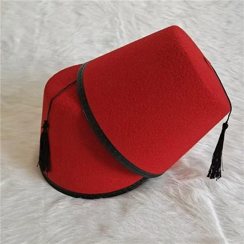 ●Round Felt Fez Cap Breathable Red Color Fez Hat Moroccan Hat Cosplay Turkish Tassels Cap Festival Supplies