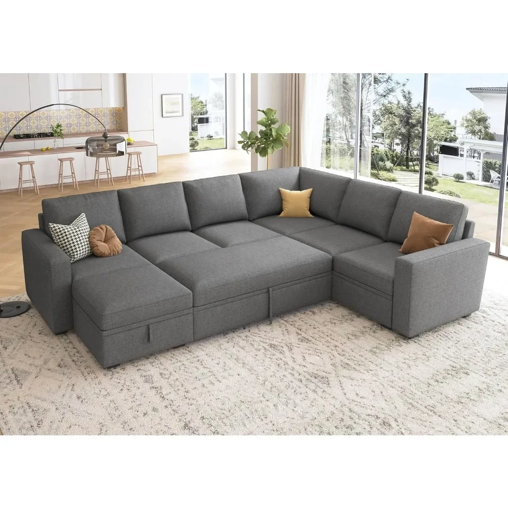 

Modular Sectional Sleeper Sofa with Pull Out Bed, U Shaped Sectional Couch with Storage Ottoman Convertible 7-Seater Sofas, Sofa