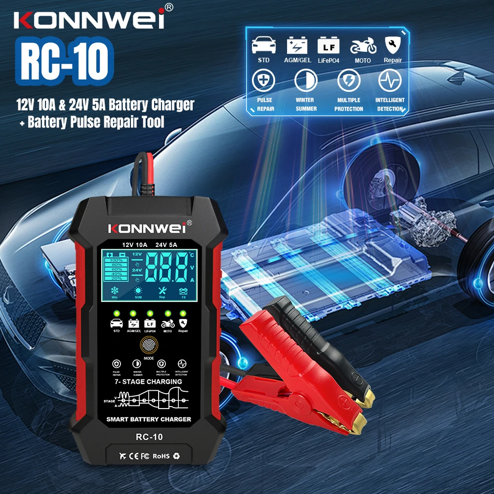 

KONNWEI RC-10 12 В 10 А 24 В 5 А Автомобильное зарядное устройство Полностью автоматическая быстрая зарядка Импульсный ремонт Зарядное устройство Свинцово-кислотный AGM Гель