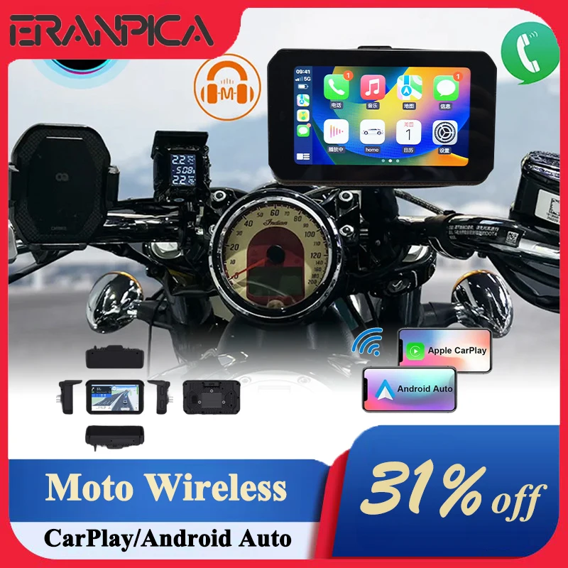 ERANPICA Motorcycle CarPlay 5 Inch Waterproof GPS Navigation HD Moto Driving Recorder 0-128GMemory Wireless CarPlay/Android Auto