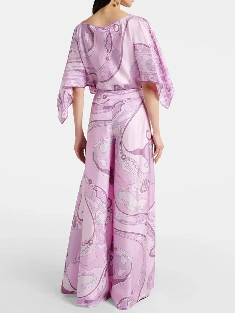 2026 Summer Women's Retro Geometric Printed Loose Irregular Hoodie Two Piece Set+High Waist Loose Wide Leg Pants Fashion Set