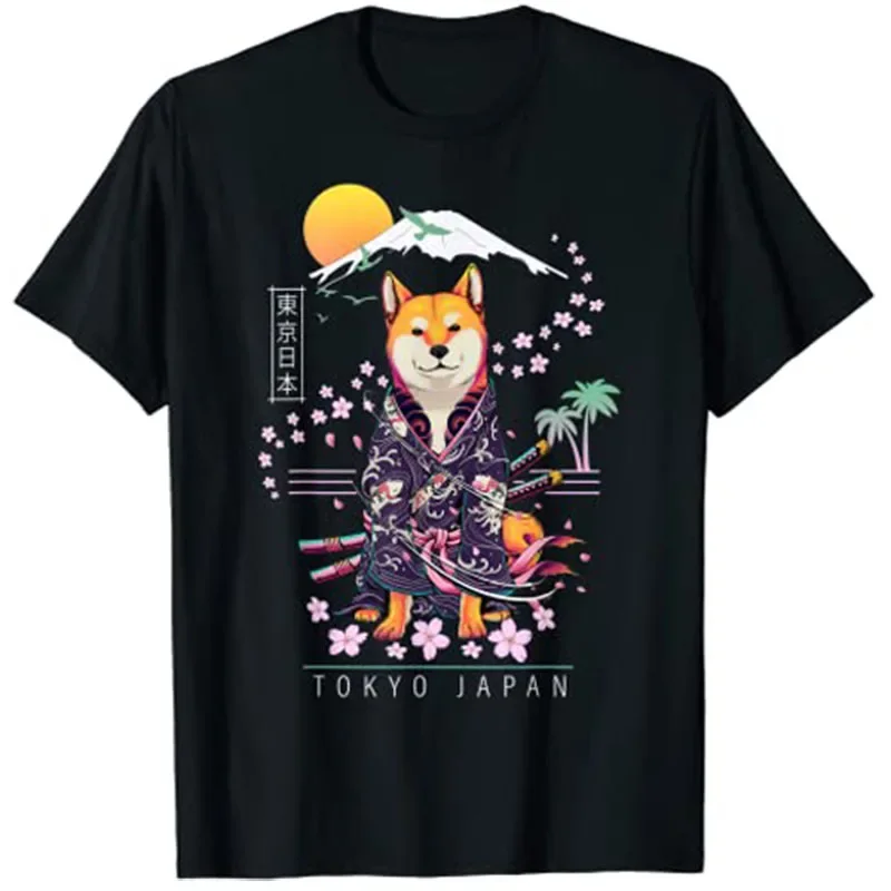 

Samurai Shiba Inu Dog Japanese Aesthetic Graphic T-Shirt Men's Cotton Crew Neck Tee
