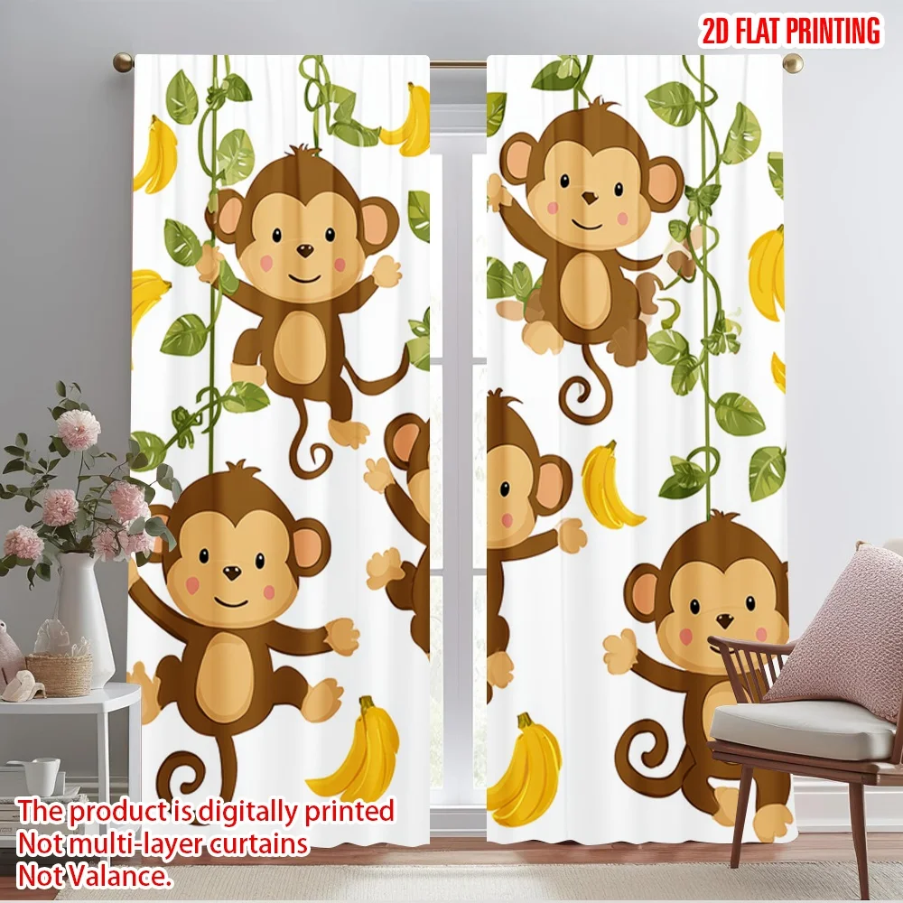 

2pcs 2D flat printing Drapes Cute Monkeys Hanging Bananas Polyester Without Electricity Festive Curtains for Holiday Parties
