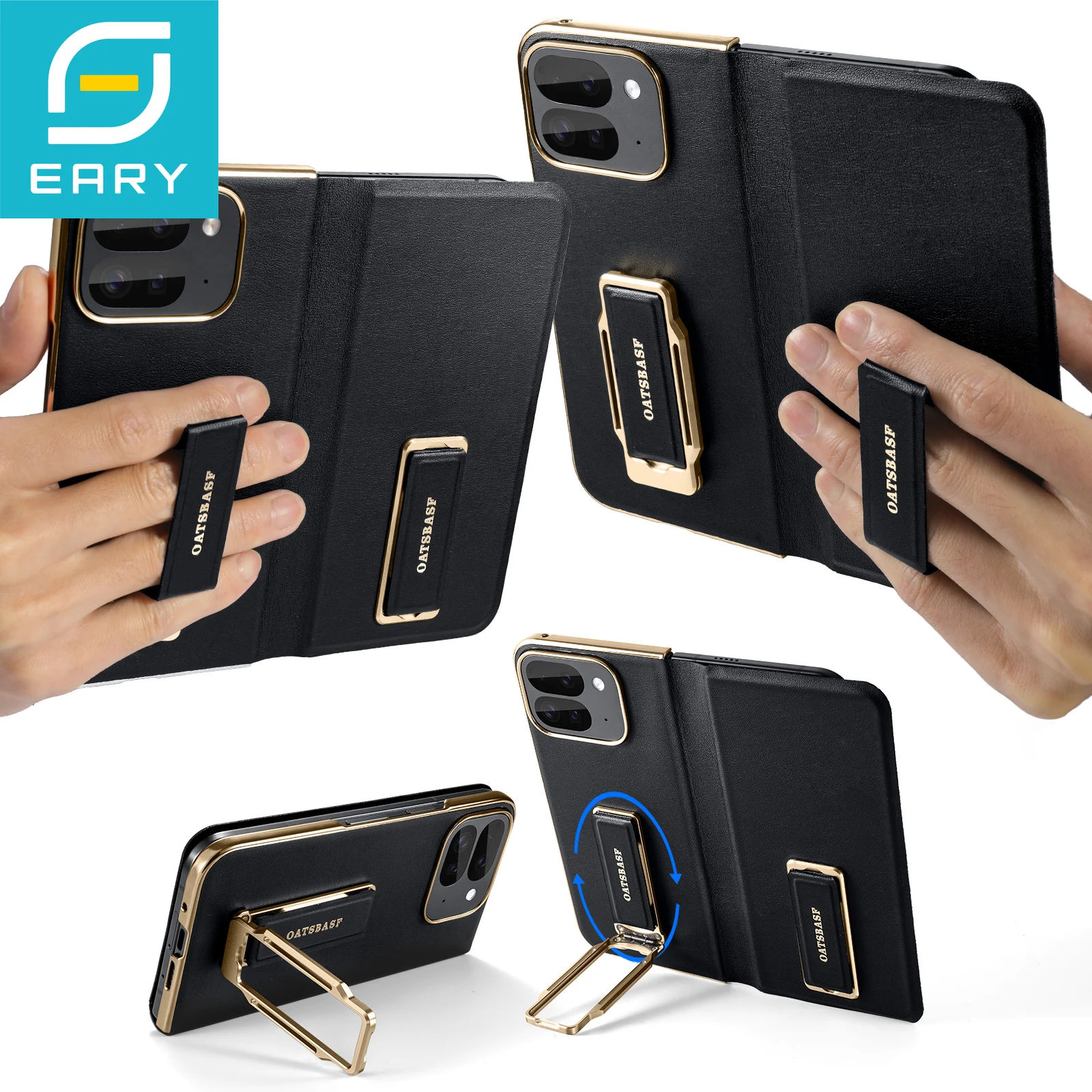 

Eary For Google Pixel 9 Pro Fold Phone Case With Dual Wristband Leather 360° Rotate Magnetic Stand Shockproof Protector Cover
