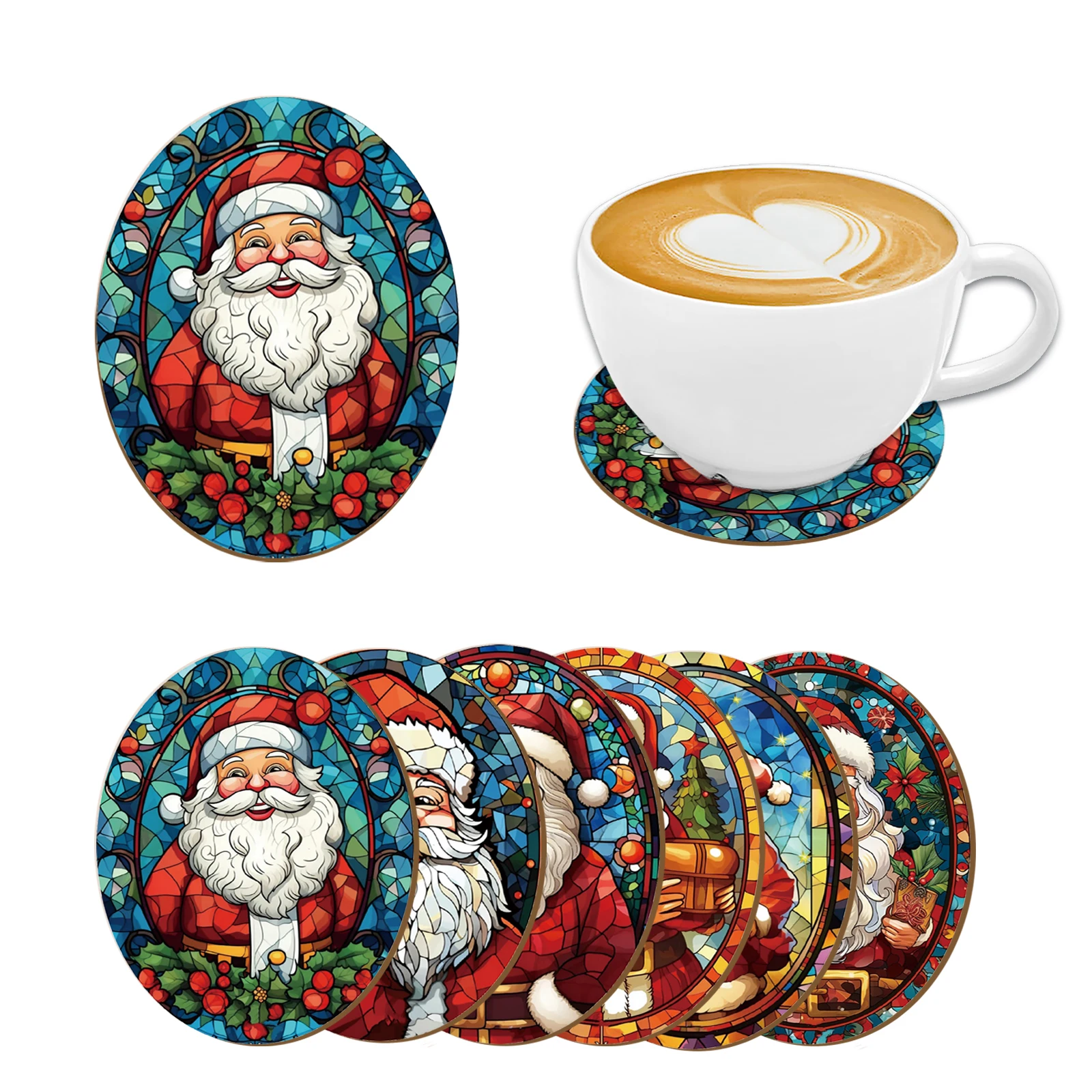 A set of 6-piece Santa Claus patterned color-printed coasters is suitable for Christmas and Thanksgiving decoration