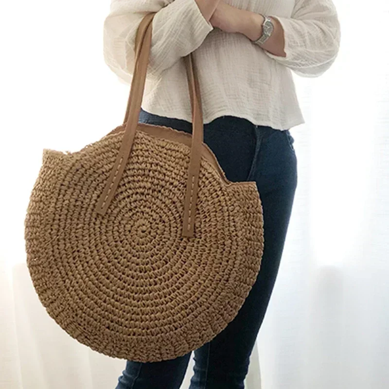 VCW1 New Bohemian Summer Vacation Casual Bags Round Straw Beach Bag Vintage Handmade Woven