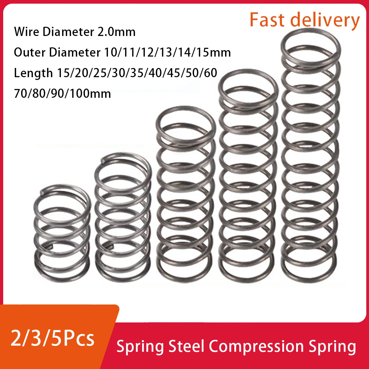 

2/3/5Pcs Spring Steel Compression Spring Wire Diameter 2.0Mm Return Accessory Part Outer Diameter 10-15Mm Length 15-100Mm