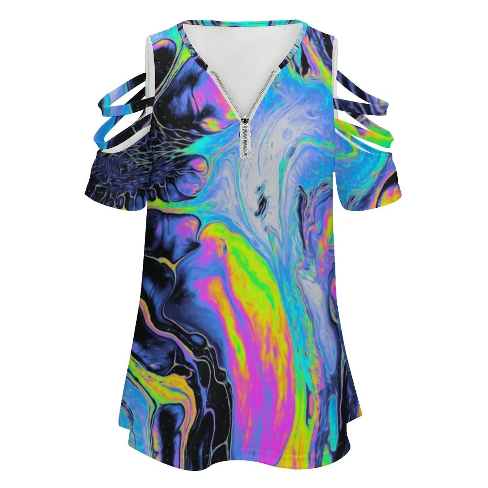Rest My Chemistry Women's T-Shirt Summer Fashion Print Floral V-Neck Zipper Tshirt Hollow Pullover Ladies Top Graphic Design