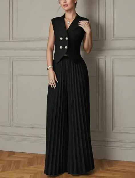 

Women's 2025 New Fashion Two-Piece Set with Vest Pleated Skirt And Long Pants - Elegant And Stylish Ensemble