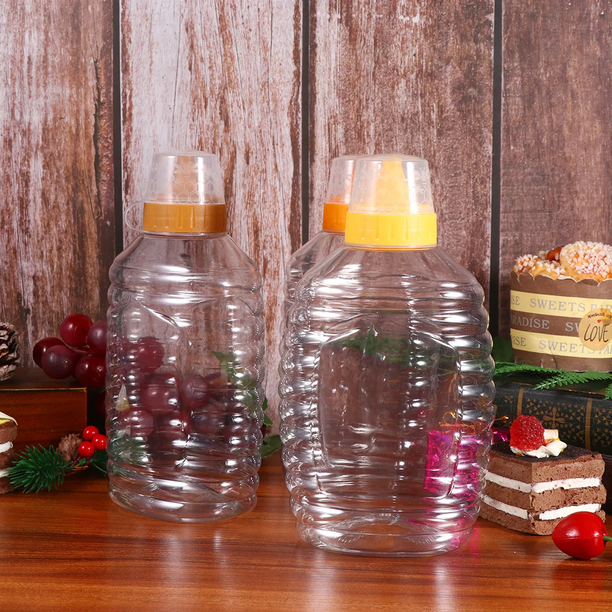 

4pcs Plastic Honey Bottle 1000G Transparent Reusable Lightweight Jar For Honey Jam Sauce Olive Oil Dispenser Salad Dressing