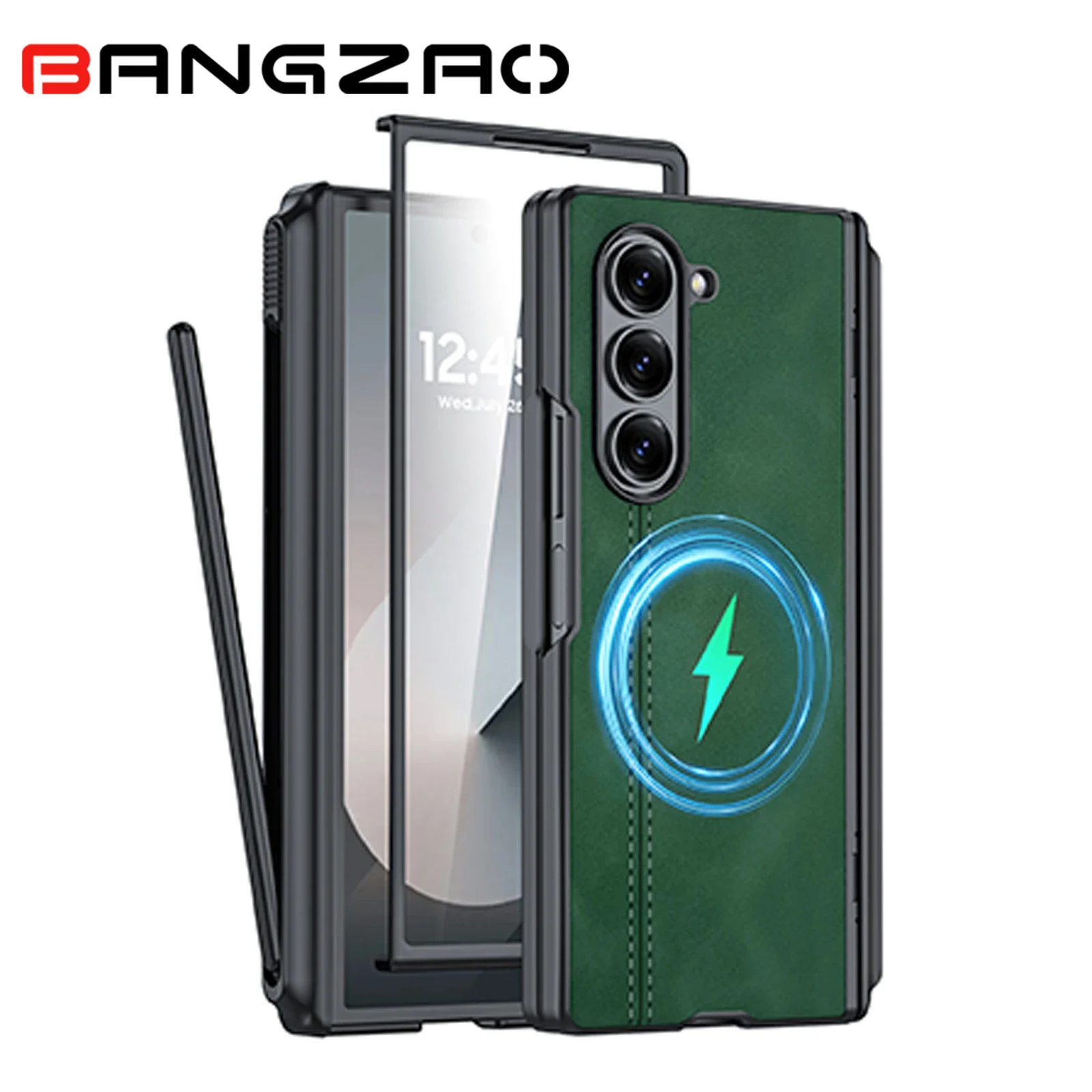 

Luxury Leather Shockproof Cover for Galaxy Z Fold 6 with S Pen Holder,Built-in 9H Screen Protector & Hinge Protection-Green