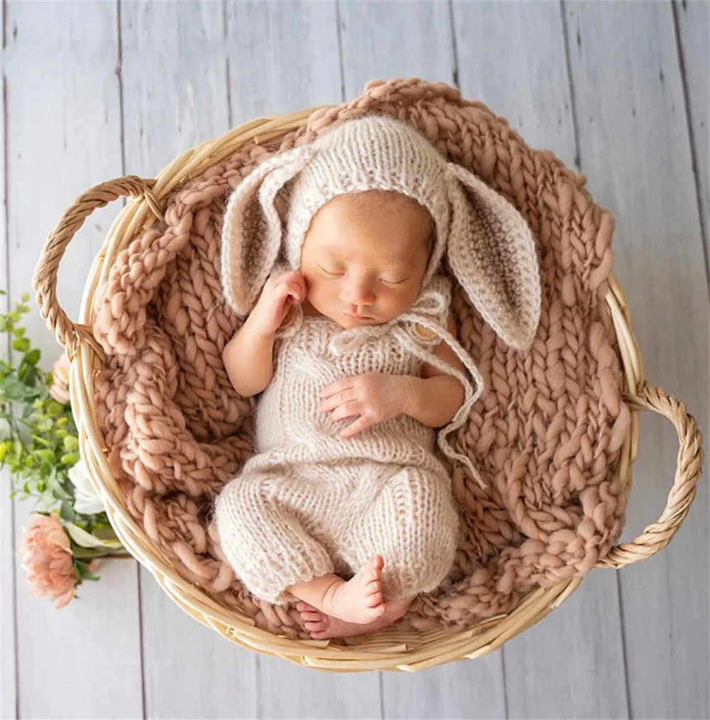 ❤Ropa de fotografía para recién nacido, sombrero de conejo + tirantes, 2 uds./set, accesorios de fotografía para bebé, trajes de estudio para sesión