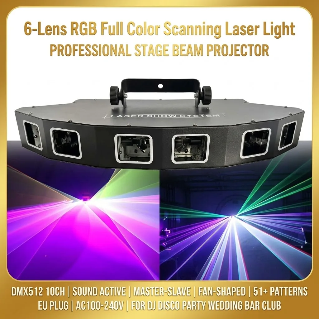 Proiettore laser a scansione RGB a colori con 6 lenti, DMX512 10CH, fascio a ventaglio, 51+ pattern, attivazione sonora, master-slave, proiettore professionale per palcoscenico, DJ, discoteca, feste,