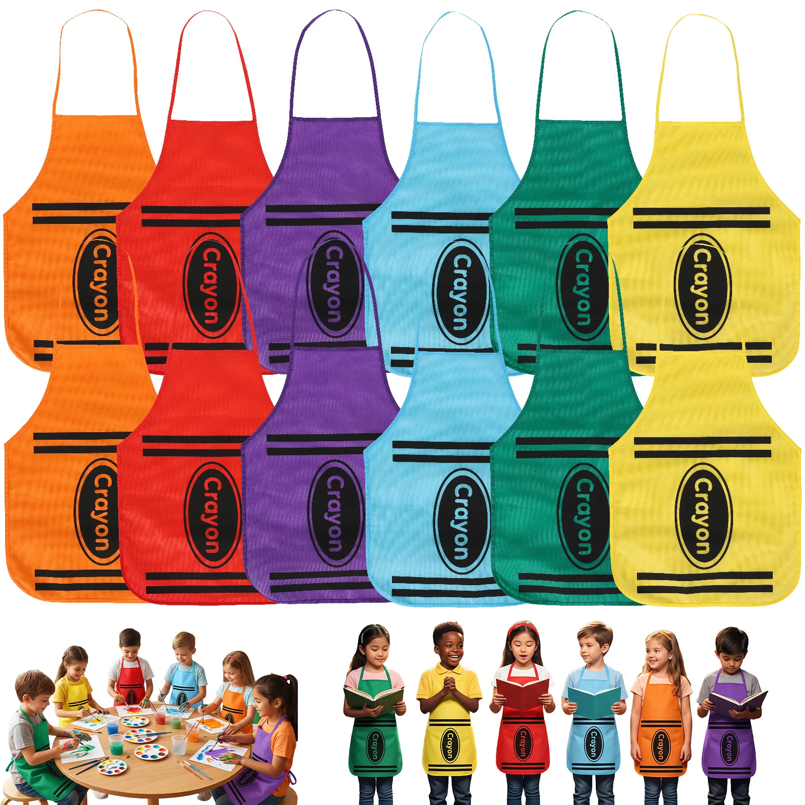 12Pcs Crayon Themed Aprons Set 6 Colors Non-woven Crayon Costume Apron Art Class Painting Apron for Role Play Halloween Dress Up
