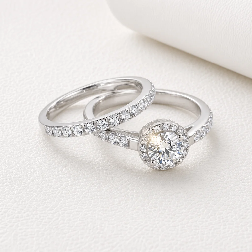 925 Sterling Silver Round Moissanite 2Pcs Ring Set for Women Halo Design GRA Certified Engagement Wedding Jewelry Gift
