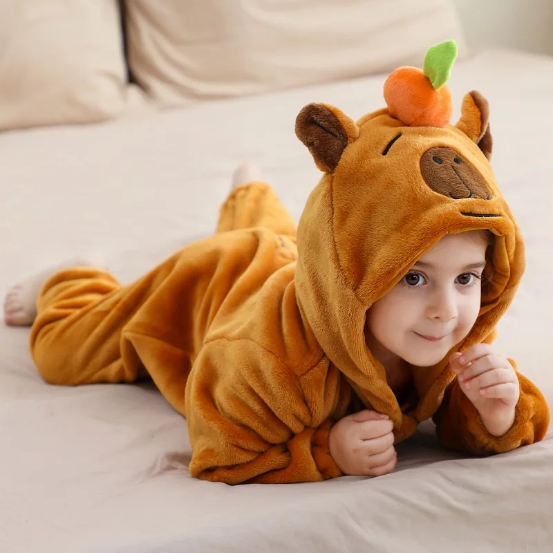 MICHLEY Carnival Capybara Baby Rompers Winter Hooded Flannel Toddler Infant Clothes Overall Bodysuits Jumpsuit Costume For Kids