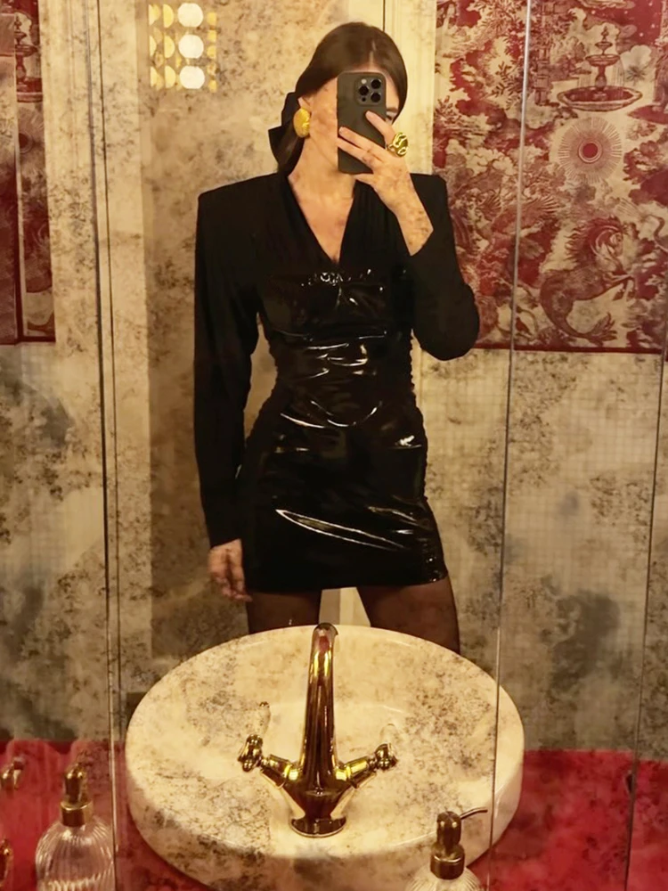 Abito in ecopelle Nibber da donna con scollo a V patchwork stile ufficio manica intera skinny elegante moda classica primavera strada aderente