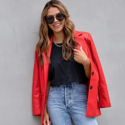 Casual Leather Jacket Women Red Single Breasted With Pockets Pu Spring Coat Women Office Ladies Classic Blazer Long Sleeve Tops