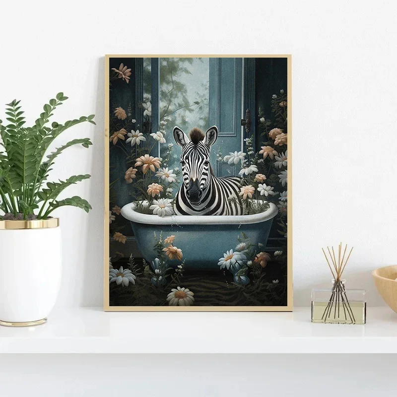 Multiple sizes 1pc frameless Canvas Painting Animals Bathtub Cat Dog Giraffe Tub Flower Vintage Poster Gothic Dark Academia Wall