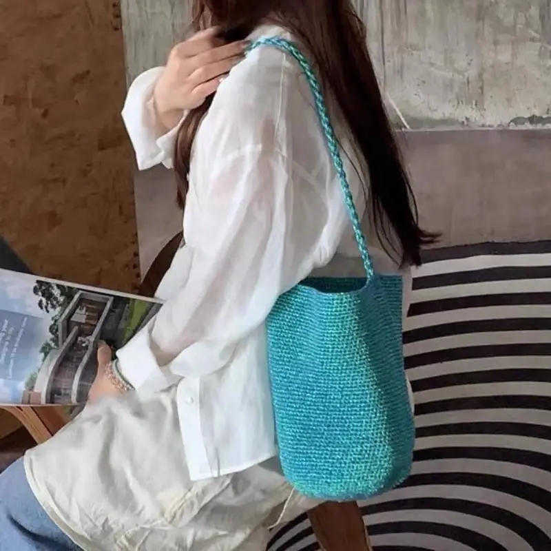 Große Kapazität Handgewebte Bucket Bag Einfarbige Boho Metall-Linien Bucket Bag Handgefertigte Umhängetasche Geschenke – Detail 5