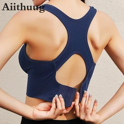 Aiithuug 4 Row Buckle Letter Printed Yoga Bras Women's Removable Padded Racerback Wireless Sport Bra Gym Pilates Underwear