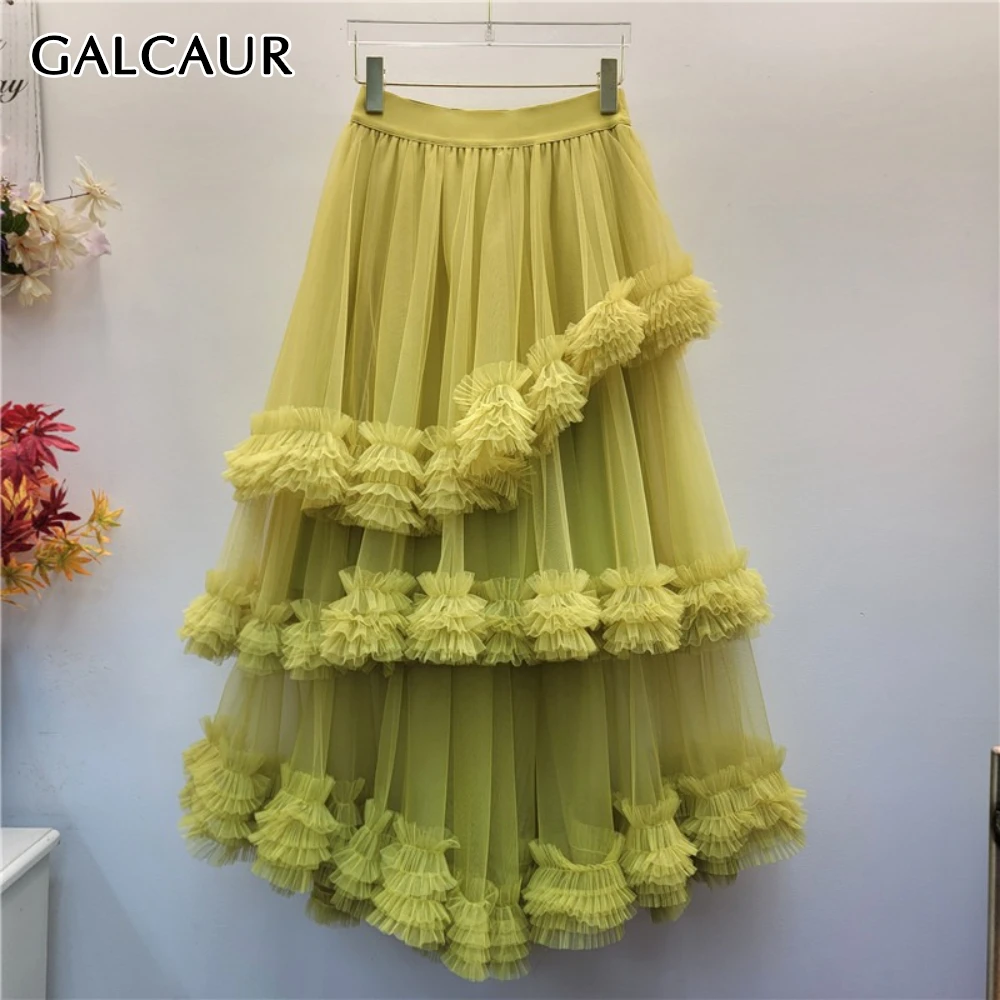 

GALCAUR однотонная сетчатая юбка женская с высокой талией свободная лоскутная грибная повседневная уличная одежда женские юбки осенний модный стиль
