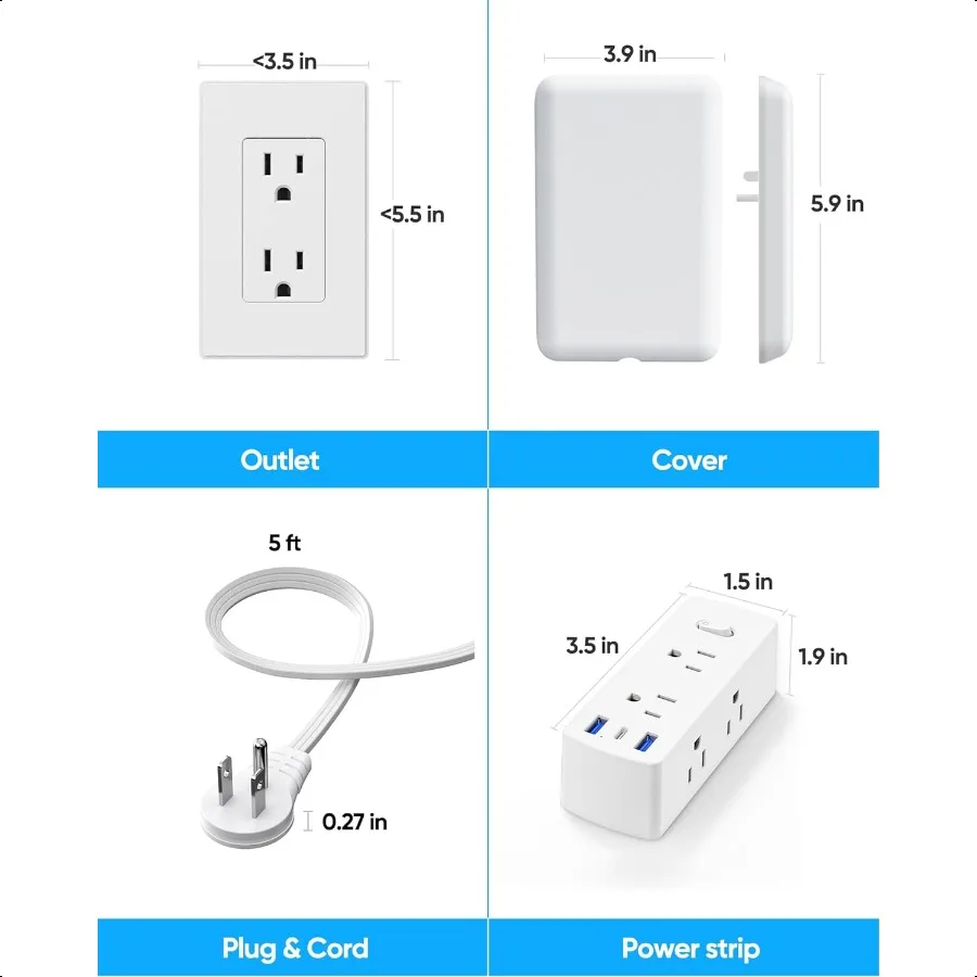 سلك تمديد مسطح مع غطاء منفذ Olcorife شريط طاقة مسطح مع 6 منافذ و3 منافذ USB 2000 جولز عرام حامي