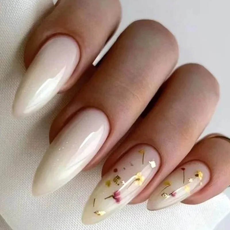 24pcs Long Almond French False Nails Gold Foil Vintage Floral Nail Art Press on Nails Fake Nails Glitter DIY Manicure Nail Tips