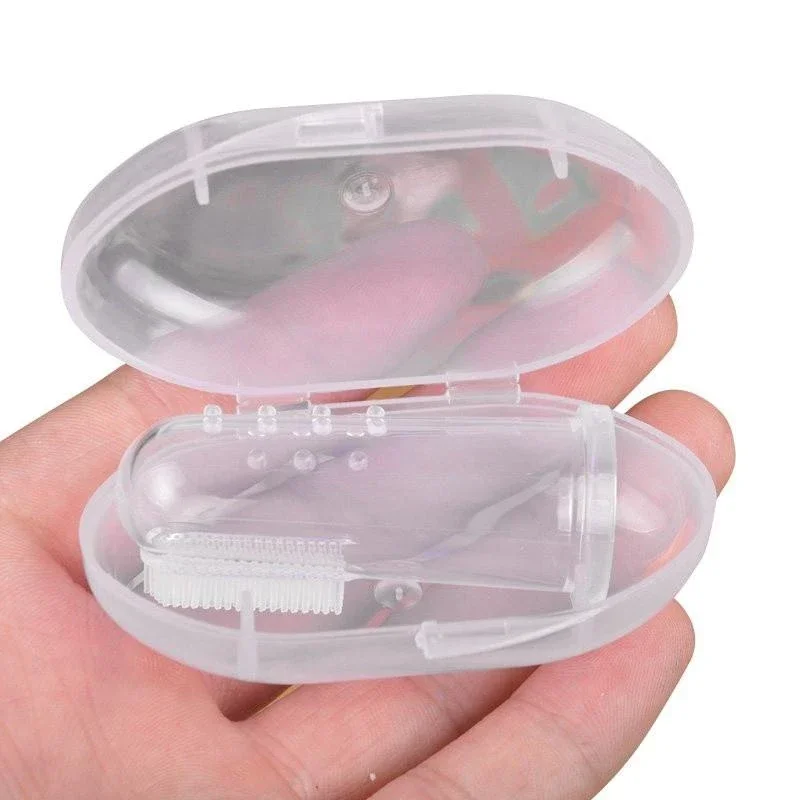 Cepillo de dientes de dedo para bebé con caja, cepillo de limpieza de goma de silicona suave, masaje transparente, cuidado Dental