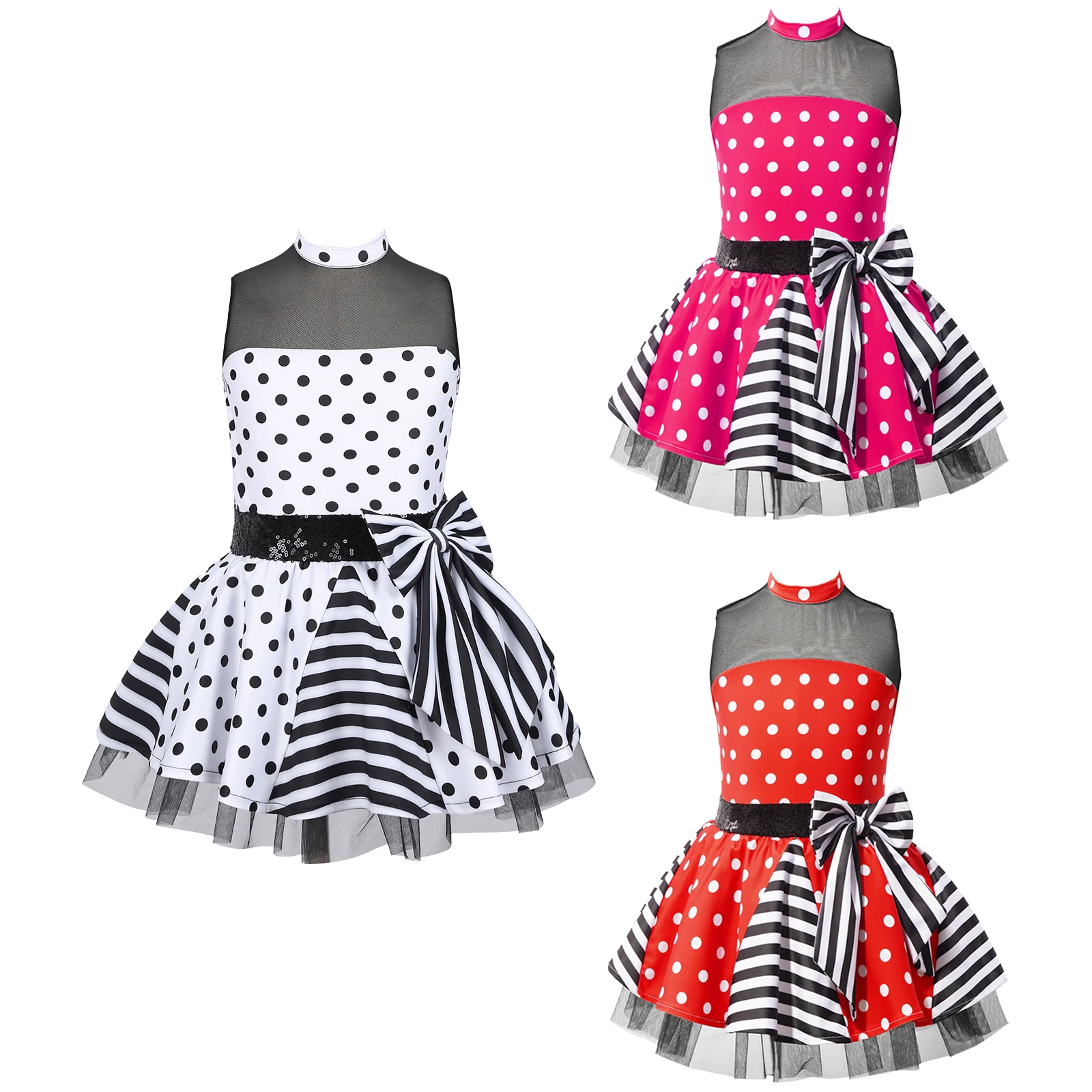 

Children Girls Sleeveless Ballet Dance Dresses Polka Dots Sequin Bowknot Waist Tutu Mesh Dress Stage Performance Fashion Costume