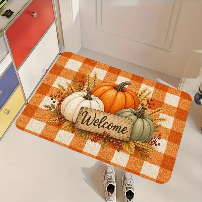 Fall Pumpkin Bird Wooden Plank Doormat, Maple Leaf Pine Cone Print Entryway Floor Mat, Autumn Season Home Door Decor